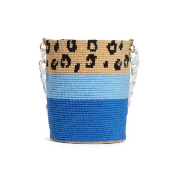 Soraya Hennessy Bucket Bag Colorblock Tote Tan Blue Leopard Print Lucite Strap - Picture 2 of 12